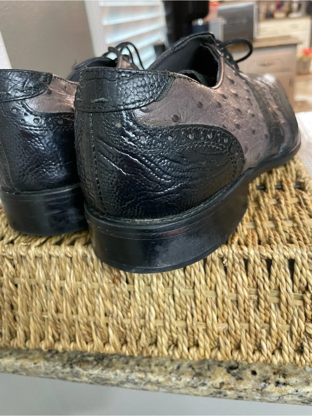 Men’s Black & Gray Exotic Ostrich Crocodile Print Wingtip Oxford Dress Shoe